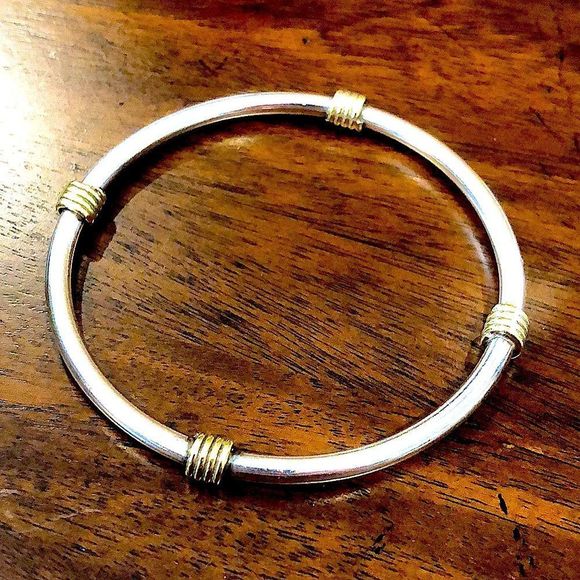 Sterling Silver Two Tone Bangle Bracelet With Gold Plated Stations - Picture 7 of 8